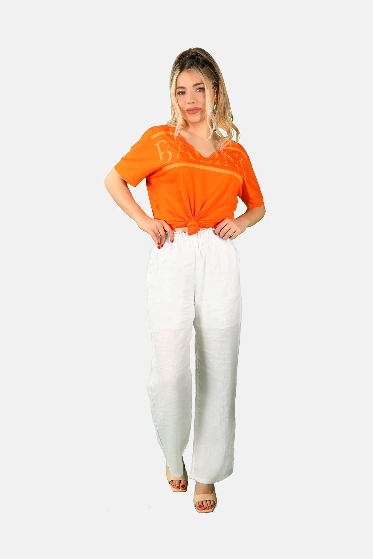 Balins - Beli Lastikli Keten Pantolon Beyaz