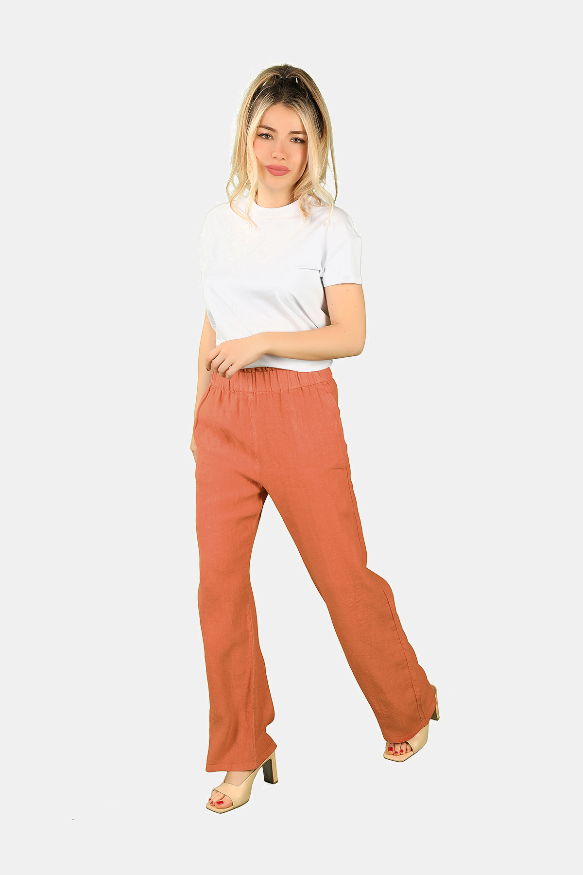 Balins - Beli Lastikli Keten Pantolon Kiremit