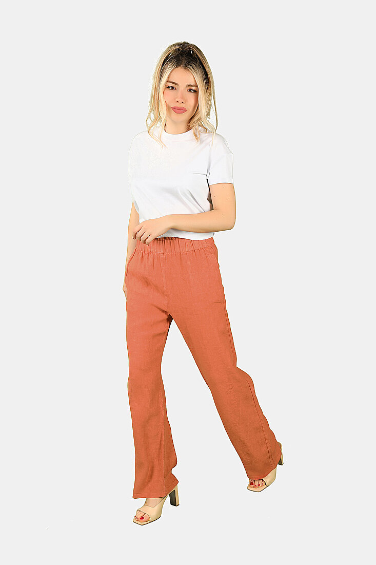 Beli Lastikli Keten Pantolon Kiremit - 1