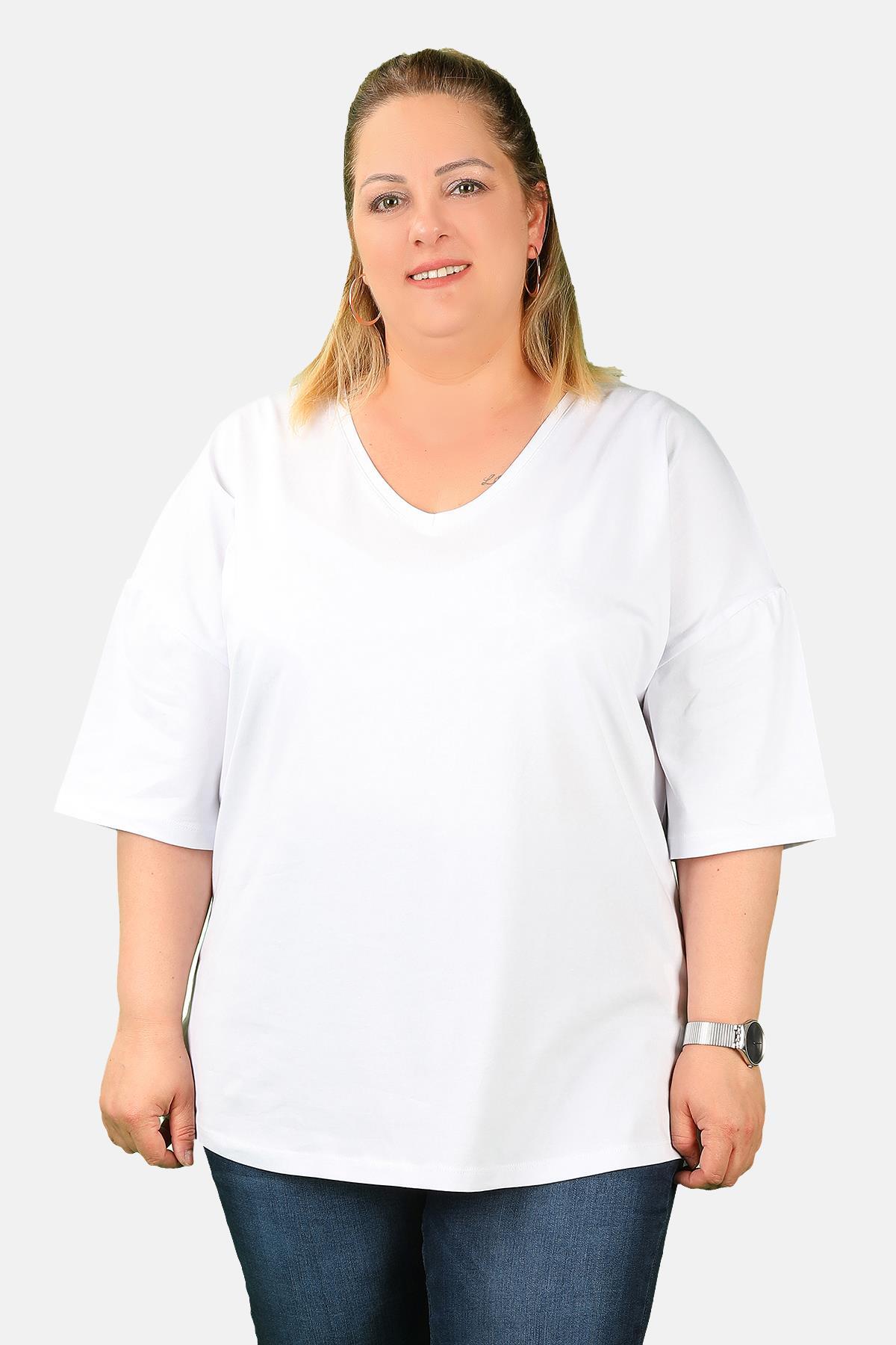 Balins - Büyük Beden Kadın V Yaka Viskon Tişört Beyaz