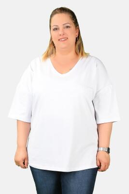 Balins - Büyük Beden Kadın V Yaka Viskon Tişört Beyaz