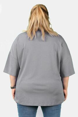 Büyük Beden Kadın V Yaka Süprem Tişört Gri - Thumbnail