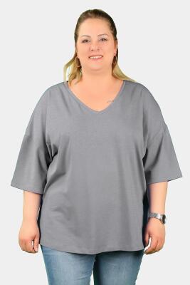 Büyük Beden Kadın V Yaka Süprem Tişört Gri - Thumbnail