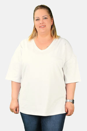 Büyük Beden Kadın V Yaka Süprem Tişört Krem
