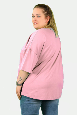 Büyük Beden Kadın V Yaka Süprem Tişört Pembe - Thumbnail