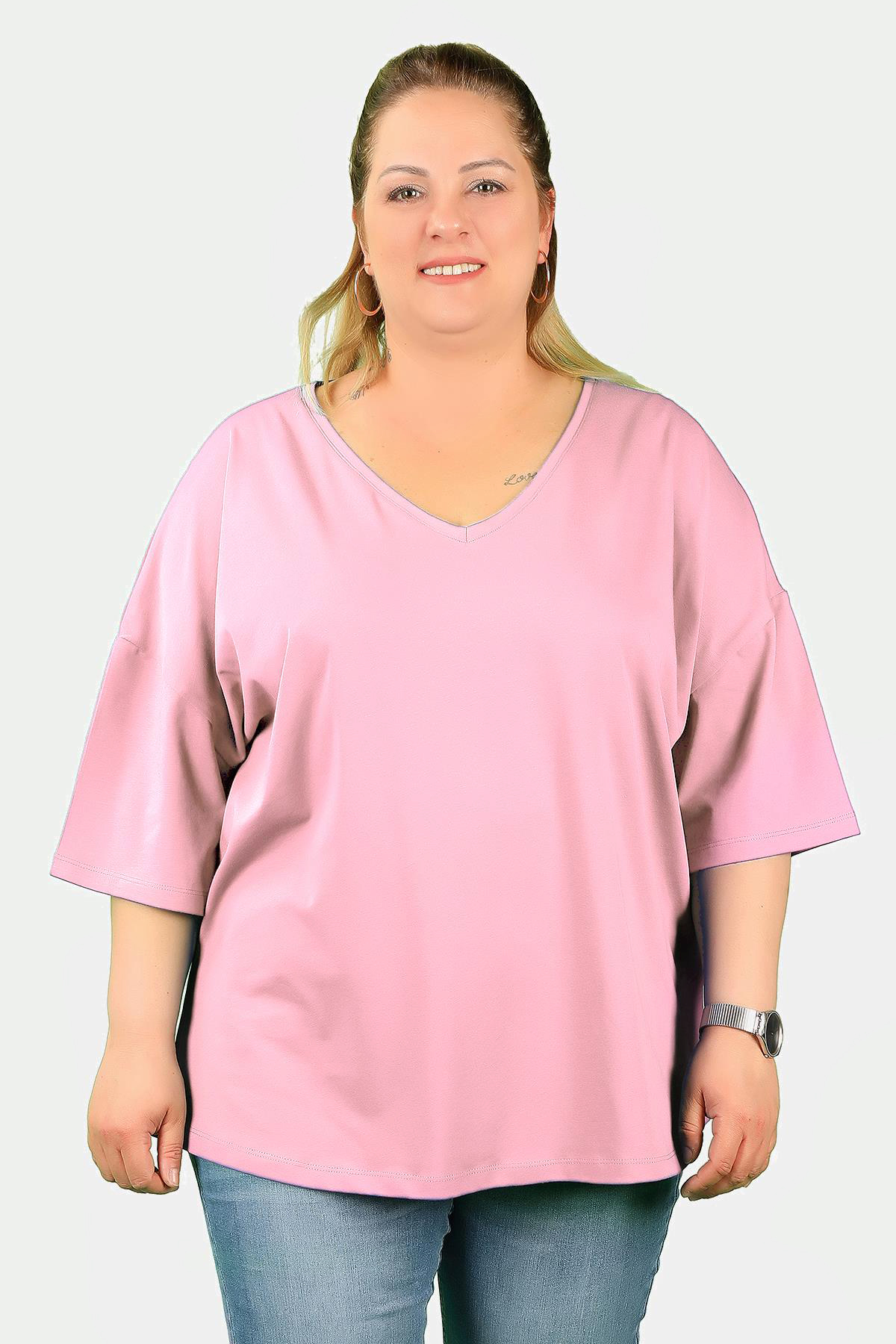 Balins - Büyük Beden Kadın V Yaka Süprem Tişört Pembe