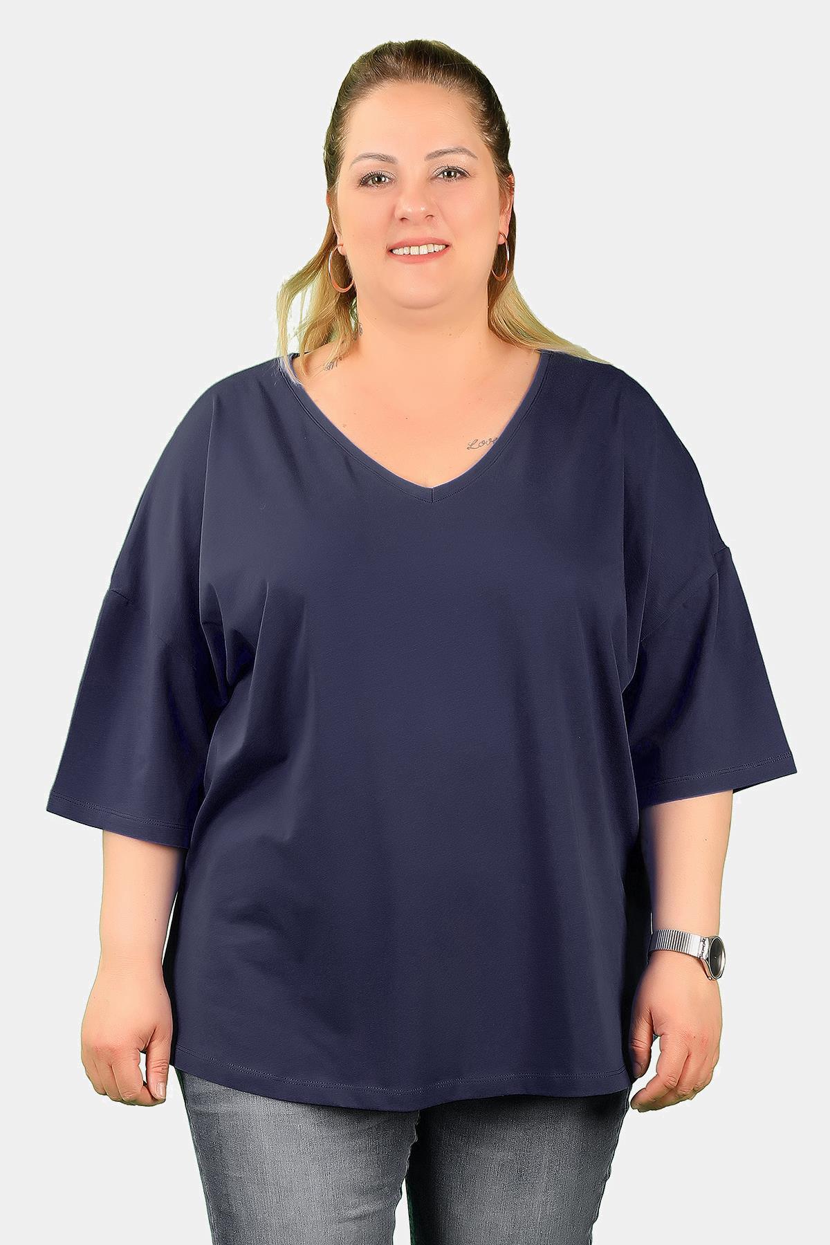 Balins - Büyük Beden Kadın V Yaka Viskon Tişört Lacivert