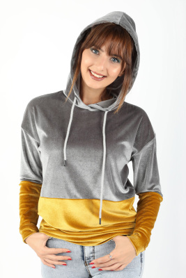 Çift Renkli Kapüşonlu Kadife Bluz Sarı-Gri - Thumbnail