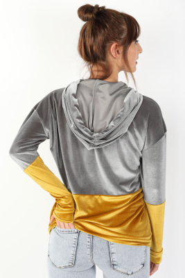 Çift Renkli Kapüşonlu Kadife Bluz Sarı-Gri - Thumbnail
