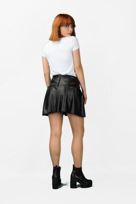 Deri Görünümlü Pileli Mini Etek - Thumbnail