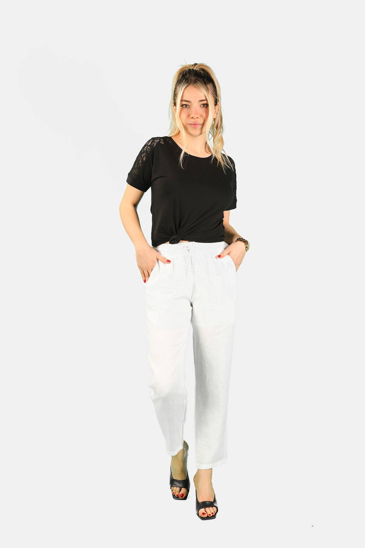 Balins - Düz Kesim Keten Pantolon Beyaz