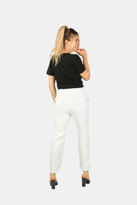 Düz Kesim Keten Pantolon Beyaz - Thumbnail