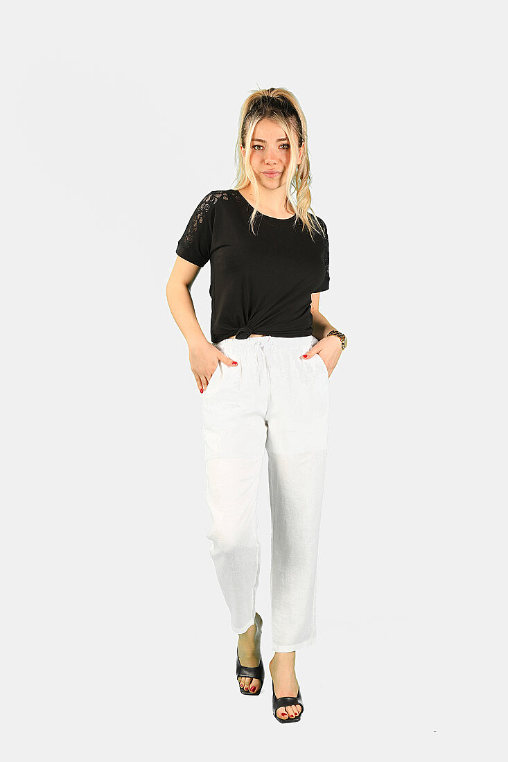 Düz Kesim Keten Pantolon Beyaz - 1