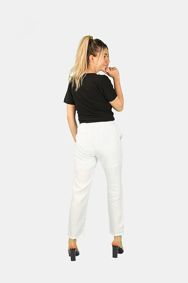 Düz Kesim Keten Pantolon Beyaz - 2
