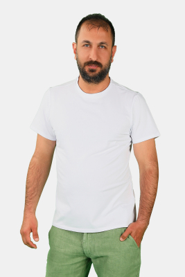 Erkek Bisiklet Yaka Kısa Kollu Tişört Beyaz - Thumbnail