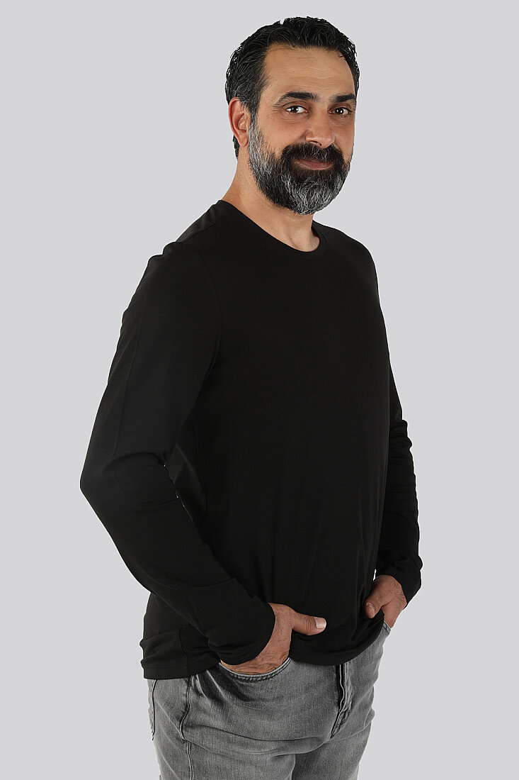 Erkek Bisiklet Yaka Uzun Kollu Tişört Siyah - 1