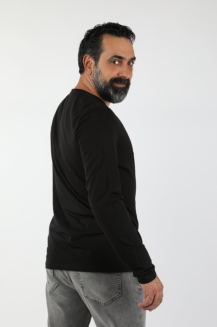 Erkek Bisiklet Yaka Uzun Kollu Tişört Siyah - 2