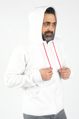 Erkek Kapüşonlu Polar Beyaz - Thumbnail