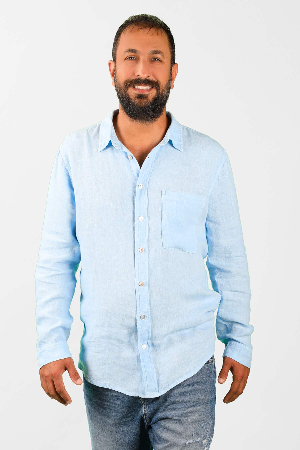Balins - Erkek Keten Dökümlü Gömlek Açık Mavi