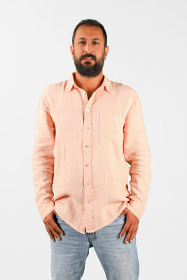 Erkek Keten Dökümlü Gömlek Somon - Thumbnail