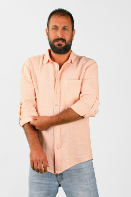 Erkek Keten Dökümlü Gömlek Somon - Thumbnail