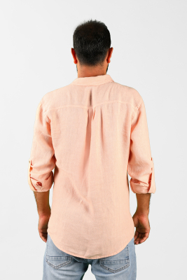 Erkek Keten Dökümlü Gömlek Somon - Thumbnail