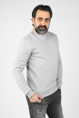 Erkek Sıfır Yaka Ribanalı Sweatshirt Gri - Thumbnail