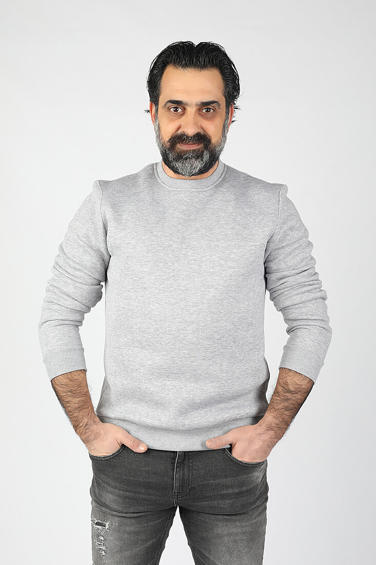 Erkek Sıfır Yaka Ribanalı Sweatshirt Gri - 1