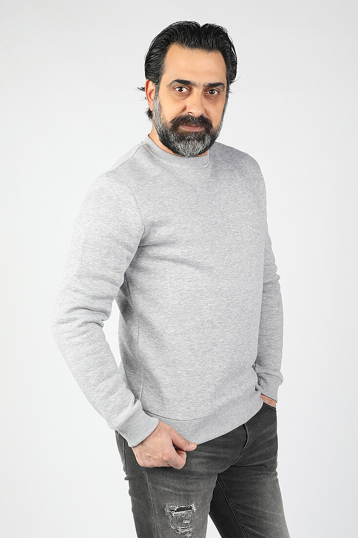 Erkek Sıfır Yaka Ribanalı Sweatshirt Gri - 2