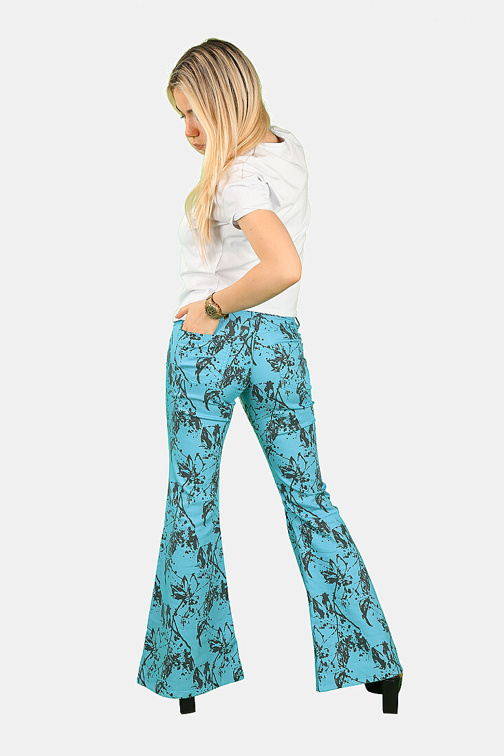 Geniş Paça Desenli Pantolon Mavi - 2