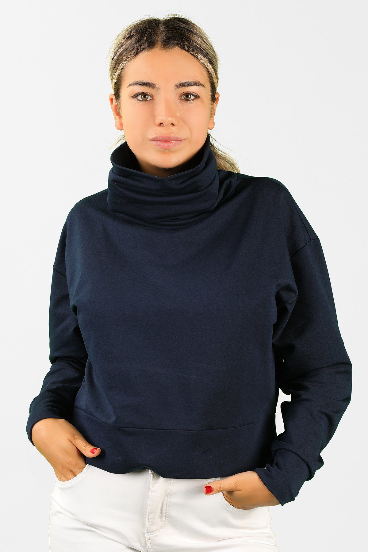 Balins - Kadın 2 İplik Degaje Yaka Sweatshirt Lacivert