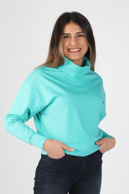 Kadın 2 İplik Degaje Yaka Sweatshirt Turkuaz - Thumbnail