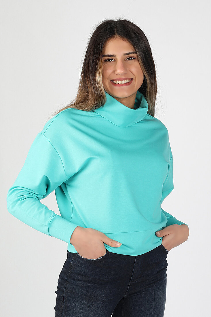Kadın 2 İplik Degaje Yaka Sweatshirt Turkuaz - 1