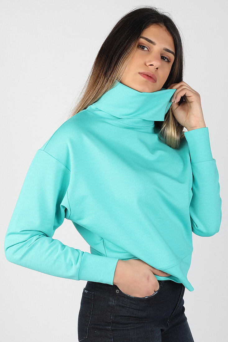 Kadın 2 İplik Degaje Yaka Sweatshirt Turkuaz - 2