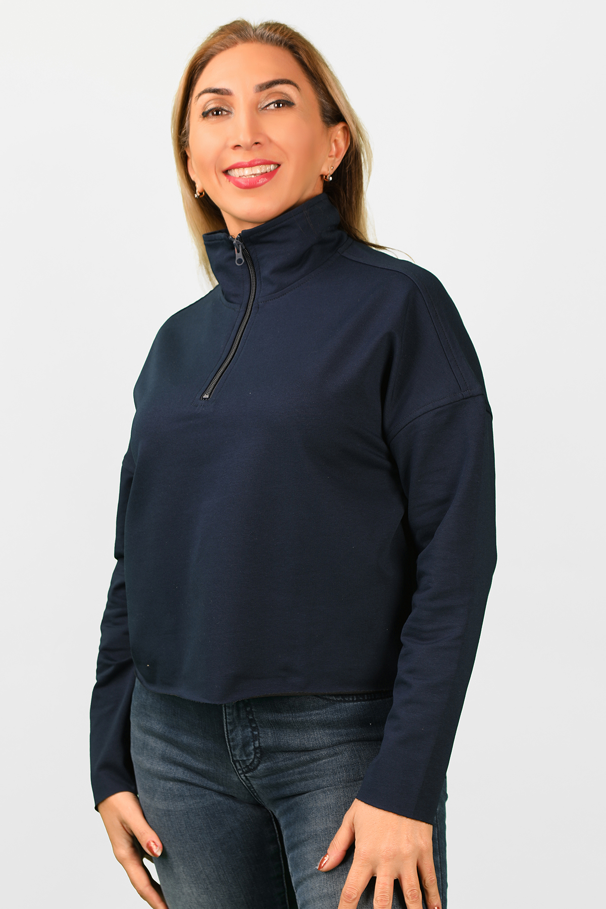 Balins - Kadın 2 iplik Yarım Balıkçı Düşük Kol Sweatshirt Lacivert