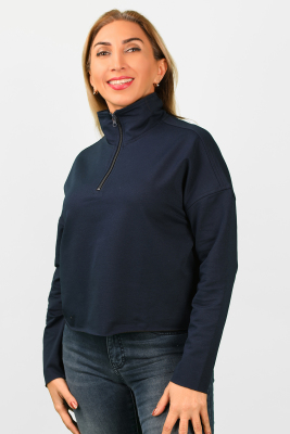 Kadın 2 iplik Yarım Balıkçı Düşük Kol Sweatshirt Lacivert - Thumbnail