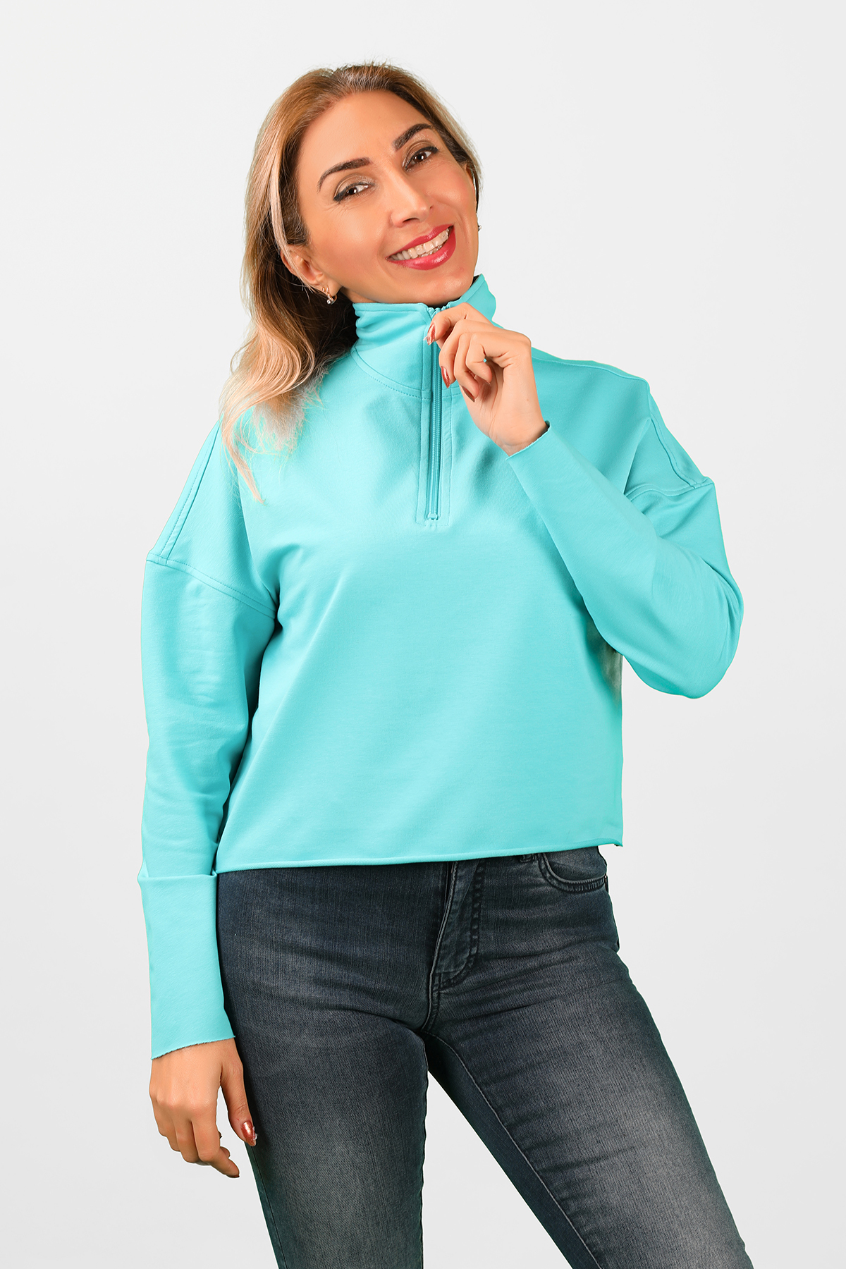 Balins - Kadın 2 iplik Yarım Balıkçı Düşük Kol Sweatshirt Turkuaz