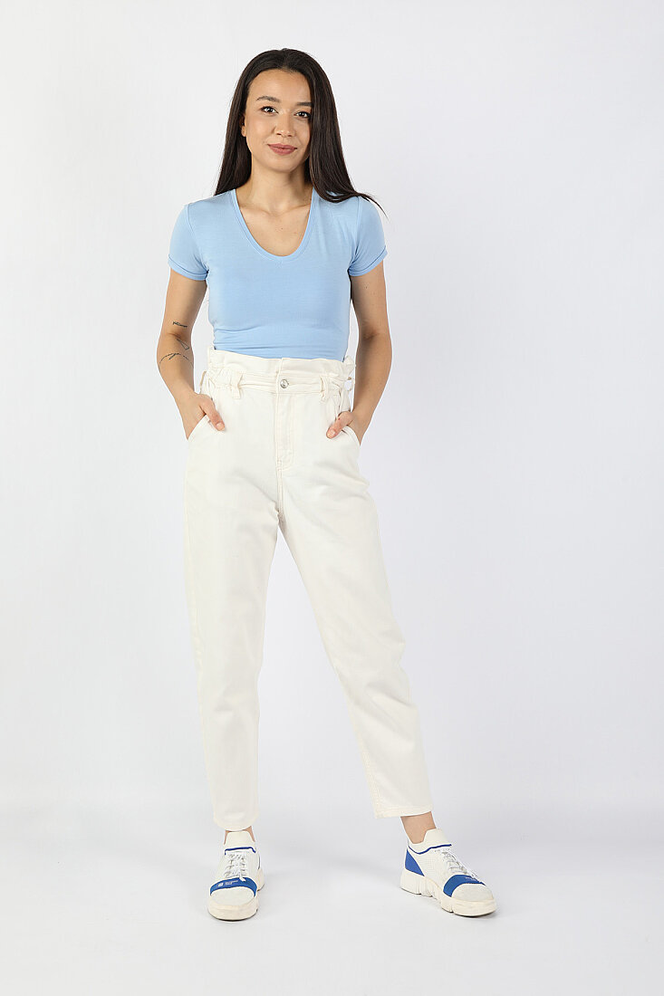 Kadın Beli Lastikli Gabardin Pantolon Bej - 1