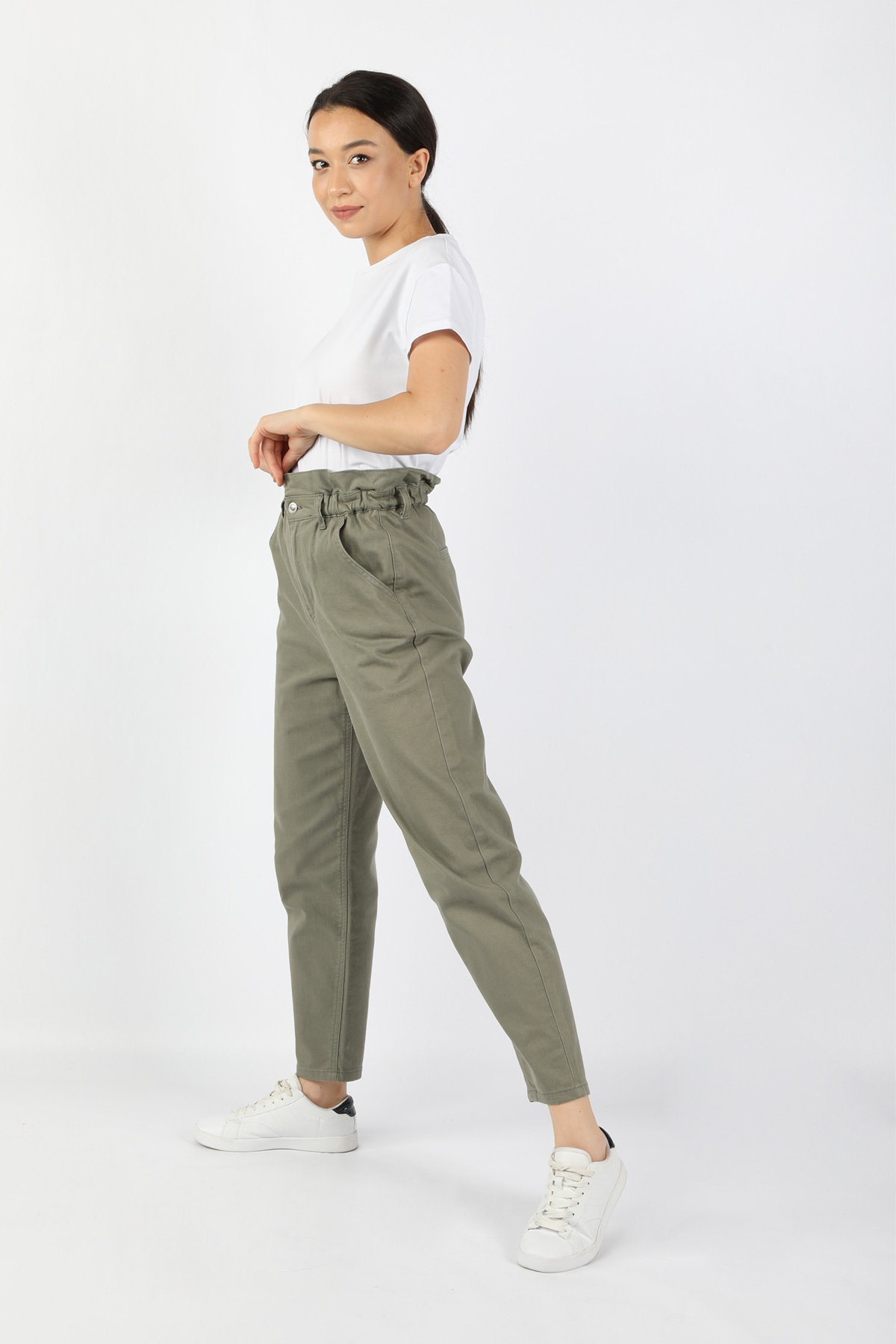 Kadın Beli Lastikli Gabardin Pantolon Haki Kadın Beli Lastikli Gabardin Pantolon Haki