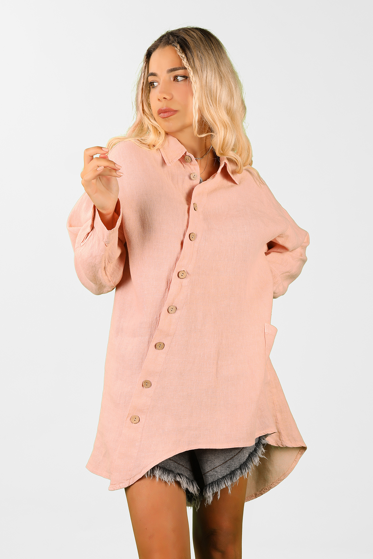 Balins - Kadın Çapraz Kapamalı Dökümlü Tunik Pudra