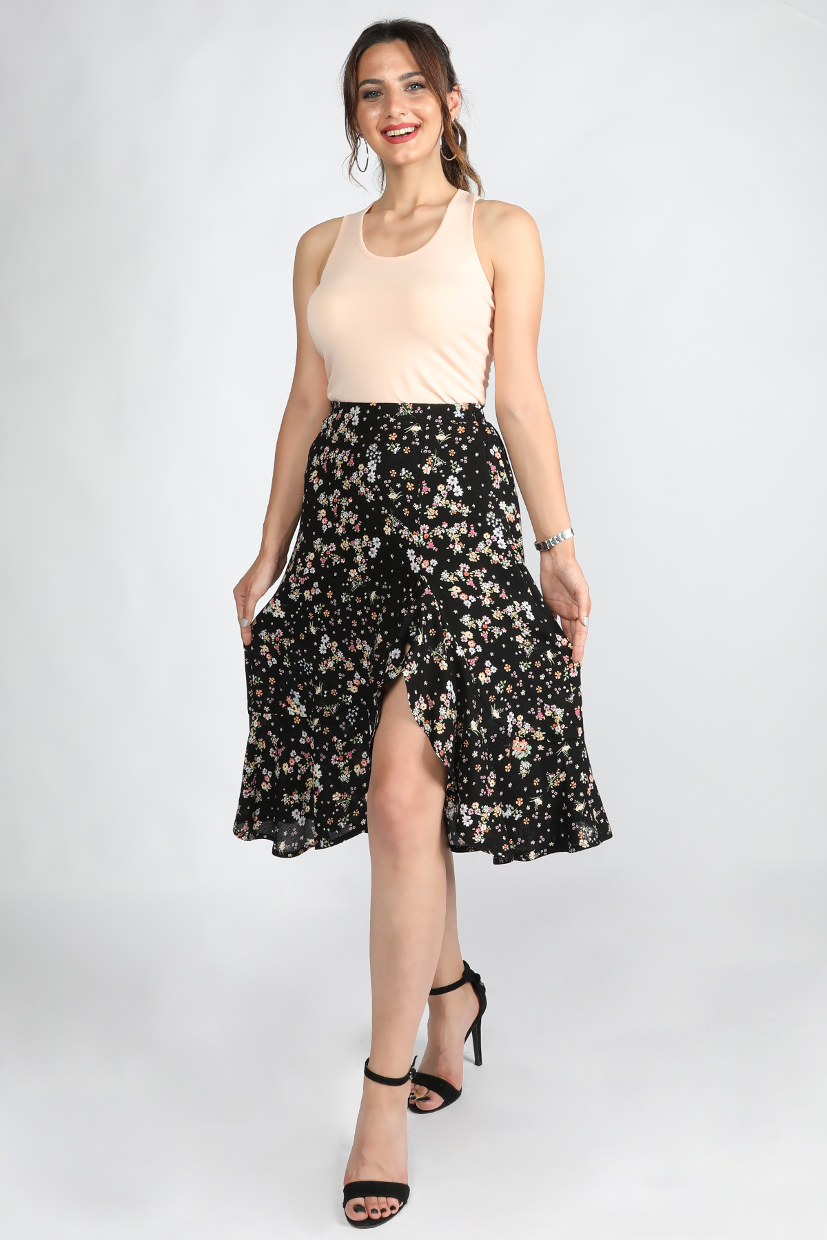 Balins - Kadın Çiçekli Viskon Etek Ç. Siyah