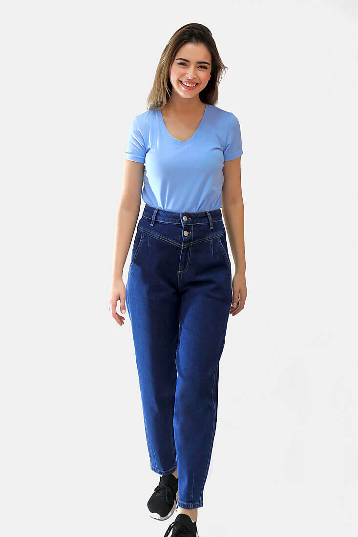 Kadın Çift Düğmeli Mom Pantolon Koyu Mavi - 1