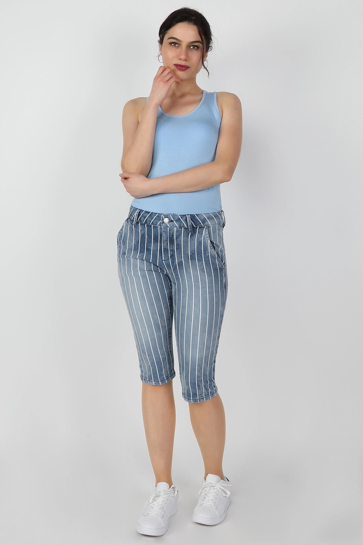 Balins - Kadın Çizgili Capri Lzr Ağart