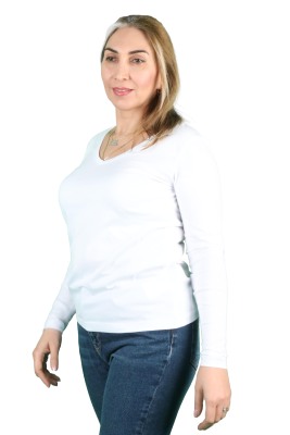 Cotton V Yaka Uzun Kollu Tişört - Thumbnail