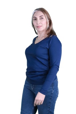 Cotton V Yaka Uzun Kollu Tişört - Thumbnail