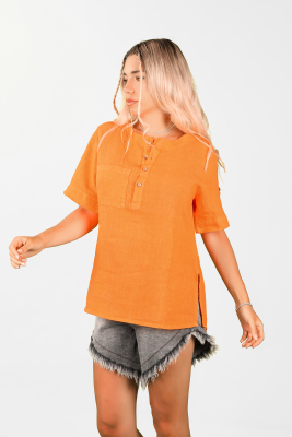 Kadın Dökümlü Keten Gömlek Turuncu - Thumbnail