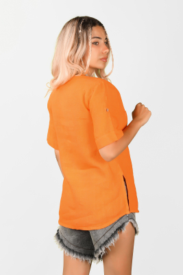 Kadın Dökümlü Keten Gömlek Turuncu - Thumbnail