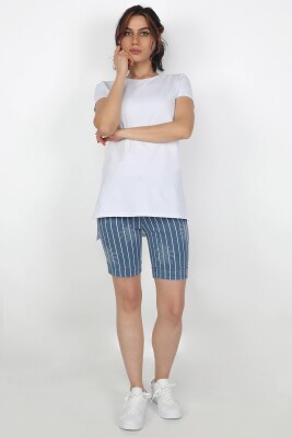 Kadın Düz Çizgili Lazerli Şort DüzÇizLaz - Thumbnail