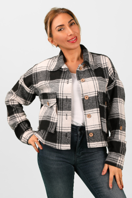 Kadın Ekose Gömlek Siyah-Beya - Thumbnail