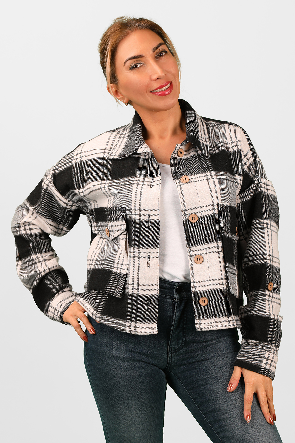 Balins - Kadın Ekose Gömlek Siyah-Beya